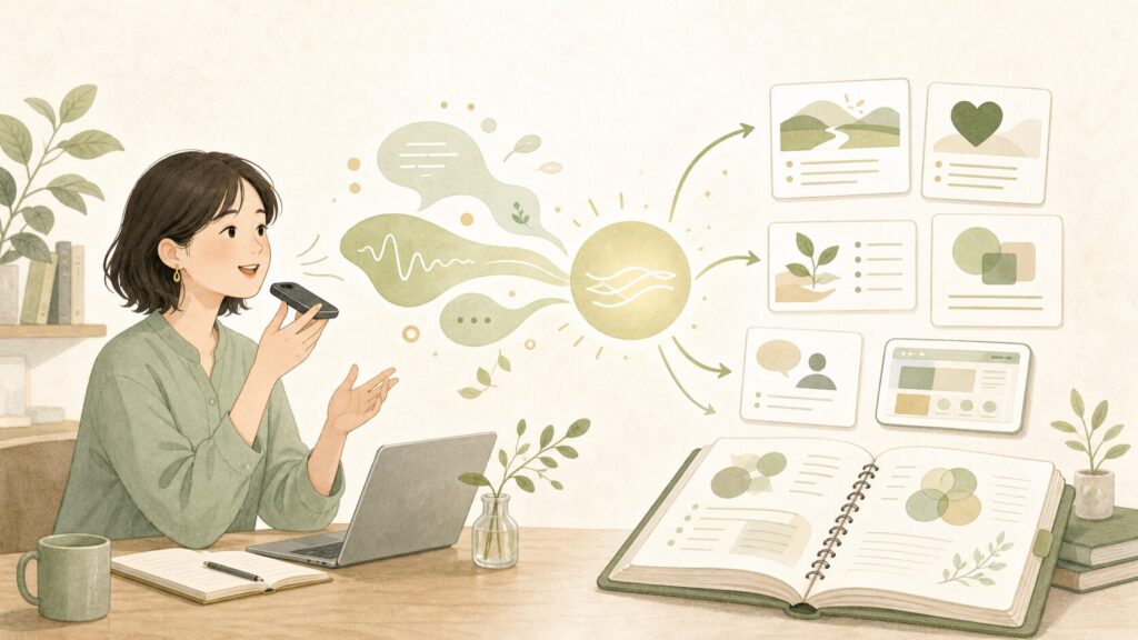 個人事業主が音声で話した経験や価値観をAIと整理し、事業資料へまとめるイメージ