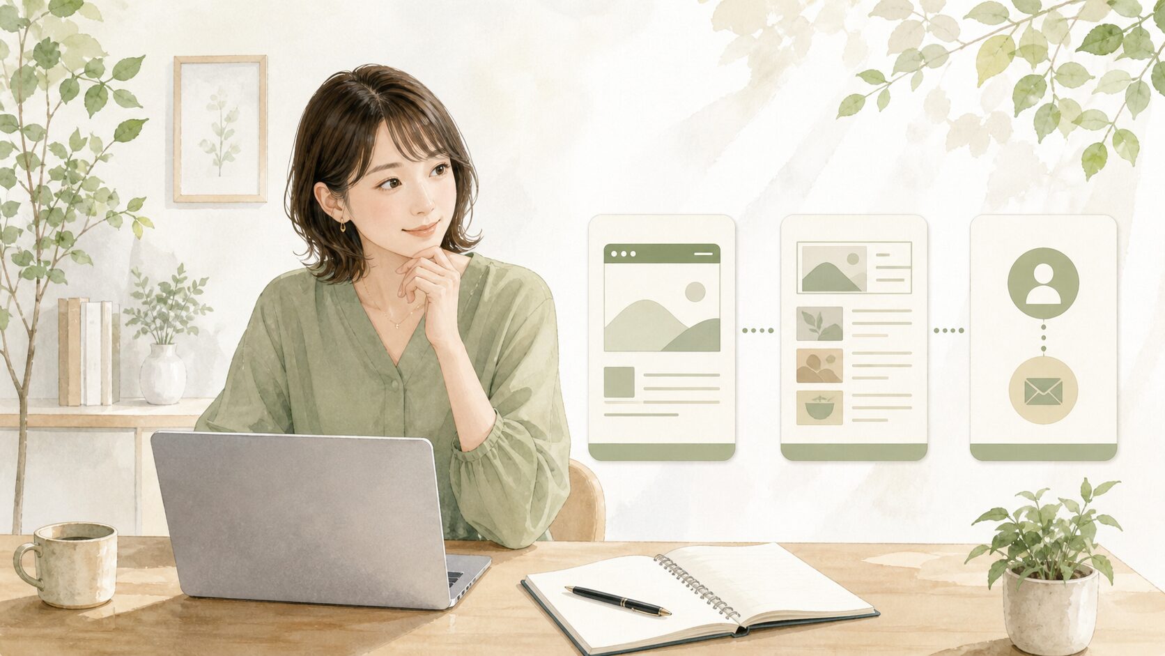 ホームページとブログの役割を整理する個人事業主のイラスト