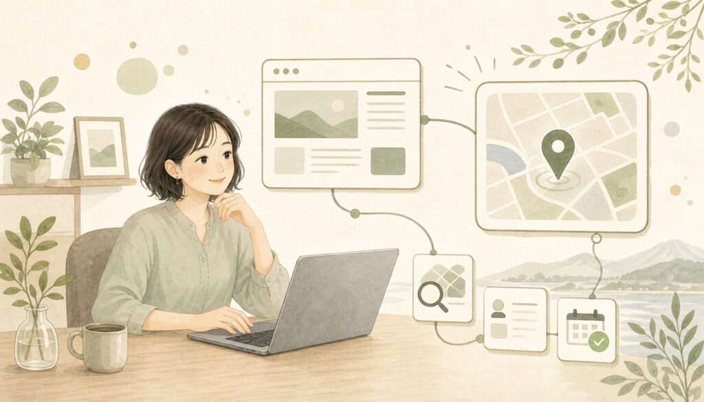 ホームページとGoogleマップをつなぎ、地域で見つけてもらう個人事業主のイメージ