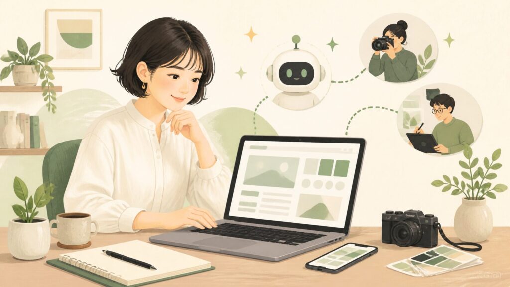 AIを活用しながらホームページを自作する個人事業主のイメージ