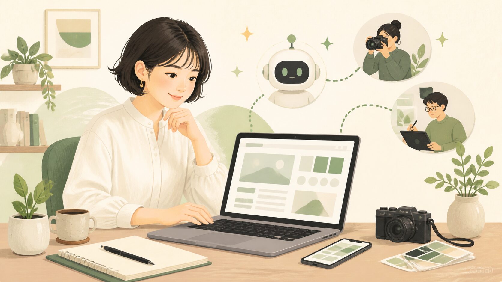 AIを活用しながらホームページを自作する個人事業主のイメージ