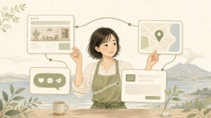 鹿児島の個人事業主がホームページ・Googleマップ・SNS・問い合わせ導線をつなぐイメージ