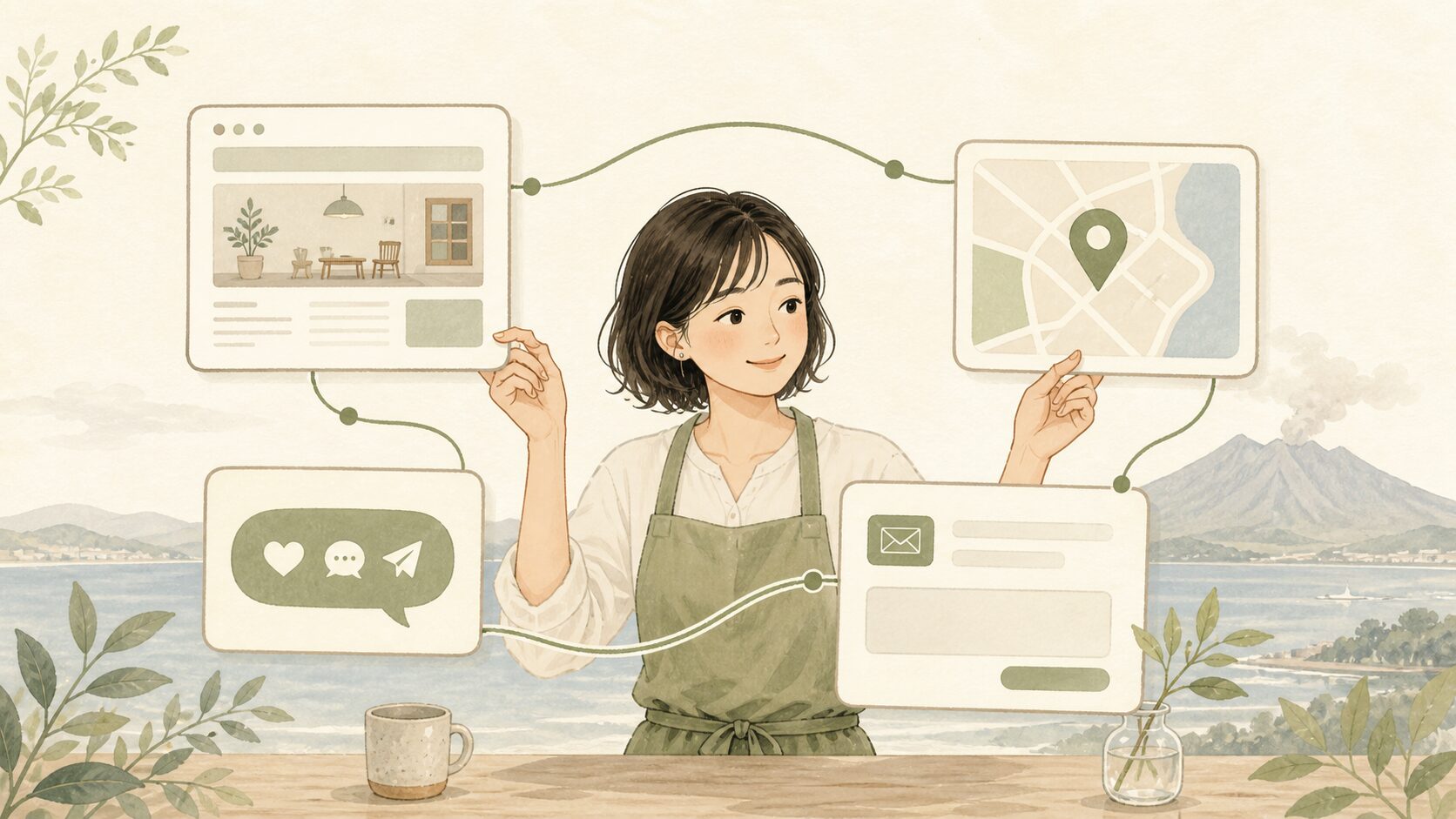 鹿児島の個人事業主がホームページ・Googleマップ・SNS・問い合わせ導線をつなぐイメージ